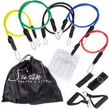Sivan Health And Fitness Latex Resistance Band Set With Five Bands Two Handles Door Anchor Ankle Strap And Carrying Case Excercise Chart