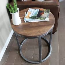 Round Walnut Wood And Metal Coffee Table And Two End Tables Set Metal End Tables Wood And Metal Metal Coffee Table