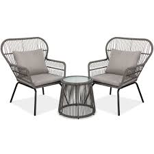 Best Choice Products 3 Piece Patio Wicker Conversation Bistro Set W 2 Chairs Glass Top Side Table Cushions Gray Walmart Com In 2020 Glass Top Side Table Small Outdoor Chairs Bistro Set