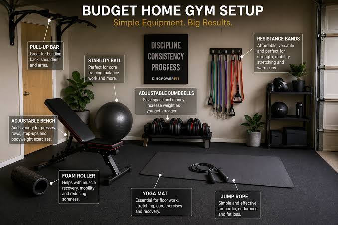 An efficient, space-saving budget home gym setup, AI generated