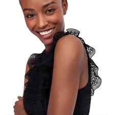 J. Crew Cap Sleeve Ruffle Dress in Mixed Lace Black Size 2