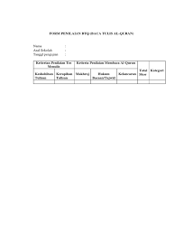Nama peserta kriteria penilaian total nilai makhraj ul huruf/tajwid kelancara. Form Penilaian Btq Baca Tulis Al Quran