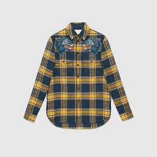 Black And Gold Flannel Shirt Mens Gucci Wolf Embroidered Regular Fit Cotton Flannel Shirt In Yellow Blue Modesens Cotton Flannel Shirts Casual Shirts For Men Yellow Plaid Shirt