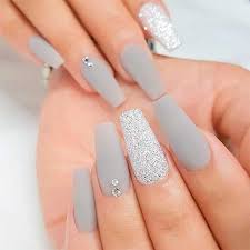 Coffin Shaped Black And Grey Acrylic Nails Cute Light Grey Matte Acrylic Nails Coffin Shaped With Rhinestones And Glitter Accent Nail Silver Design In 2020 Grey Nail Designs Vibrant Nails Gray Nails