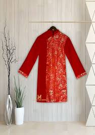 A81 - Men's Áo Dài Gấm Phối Lụa Red – Viet Huong Collection USA