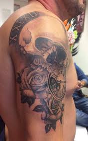 Bird Clock And Rose Tattoo Skull Rose Pocket Watch Black And Grey Shade Sleeve Work Men With Tattoos Skull And Roses Roses And Tattoos For Guys Rose Tattoos For Men Sleeve Tattoos