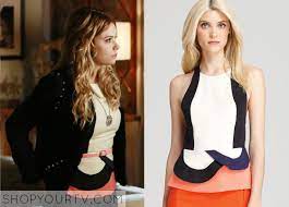 Pretty Little Liars Season 4 Episode 4 Hanna S Colorblock Peplum Top Shop Your Tv Pretty Little Liars Fashion Pretty Little Liars Pretty Little