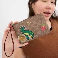 Coach Wristlet In Signature Canvas With Sticker Dinosaur Print Wallet Bag  Purse