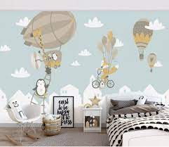 Big Air Balloon With Cute Animals Wallpaper Mural In 2021 Animal Wall Decor Nursery Kids Room Paint Kids Wall Murals