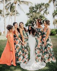 Paradise Found Bridesmaids With An Extra Pop Of Color Mumuweddings Beach Wedding Bridesmaid Dresses Beach Wedding Guest Dress Hawaiian Wedding Dress