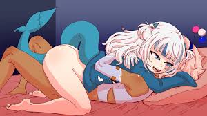 spicy bardo, gawr gura, tsukumo san, tsukumo sana, hololive, hololive  english, animated, animated gif, 1boy, 1girl, ass, bare legs, barefoot,  bed, blue hair, dark-skinned male, dark skin, feet, genderswap, genderswap  (ftm), hetero,