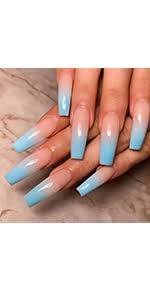 For a spiritual ombre blue design, you can use bright and light hues to lighten up the mood and fade away into cloud 9. Amazon Com Bodiy Coffin Press On Nails Blue Ombre Long Fake Nails Ballerina Full Cover Bling Falses Nails For Women And Girls Pieces Of 24 Beauty