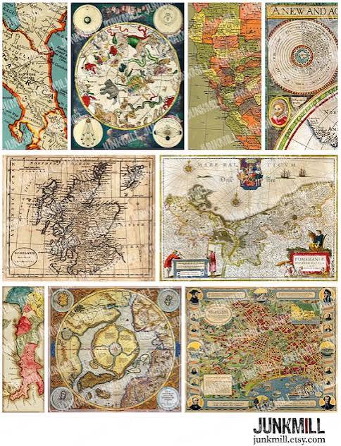 ANTIQUE MAPS - Digital Printable Collage Sheet - Colorful Vintage Star Charts & Old World Maps with France and Italy, Instant Download
