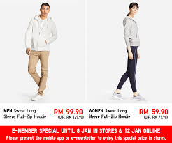 Sign up today for exclusive voucher codes. Uniqlo Sweat Full Zip Long Sleeve Hoodie Rm99 90 Usual Price Rm129 90 In Stores Until 8 January 2017 Online Until 12 January 2017