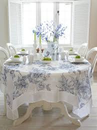 Beautiful White 100 Linen Hemstitch Tablecloth With A Nostalgic Blue Vintage Rose Pattern White Table Cloth Blue White Decor Home Decor