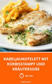 Kabeljaukotelett Mit Kurbisstampf Und Krautersosse Rezept Krautersosse Gesund Kochen Rezepte