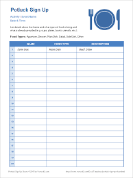 Free Printable Potluck Sign Up Sheets For Excel Or Google Sheets Great For The Office Or Church Activities Including D Sign Up Sheets Printable Signs Potluck