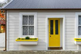 Modern house with grey exterior featuring a porch and the home's glass windows. 63 188 Yellow Door Photos Free Royalty Free Stock Photos From Dreamstime