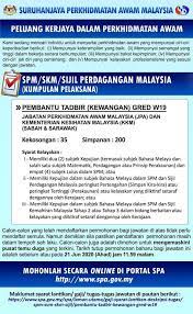 Januari 1997, suruhanjaya perkhidmatan awam malaysia telah mengadaptasi pengurusan elektronik dalam perkhidmatannya apabila sistem pengambilan berkomputer iaitu sistem mengambil sepanjang masa. Jawatan Kosong Malaysia Iklan Peluang Kerjaya Dalam Perkhidmatan Awam Jabatan Perkhidmatan Awam Malaysia Jpa Dan Kementerian Kesihatan Malaysia Kkm Sabah Dan Sarawak Spm Skm Sijil Perdagangan