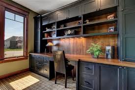 Home Office Painted Black With Open Adjustable Shelves And Wood Top Cabinetry By Modern Des Home Office Cabinets Rustic Home Offices Office Cabinet Design