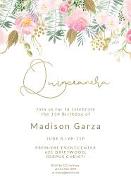 Birthday Invitation Card Template Png Whimsical Pink And Gold Flowers Quinceanera Invitation Template Free Greetings Island Pink And Gold Invitations Pink Invitations Invitation Template
