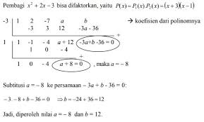 Suku banyak f(x) dibagi (ax + b) menghasilkan sebagai hasil bagi dan sebagai sisa pembagian, sedemikian hingga f(x) = (ax + b) + contoh soal: 20 Soal Suku Banyak Polinomial Dan Jawaban