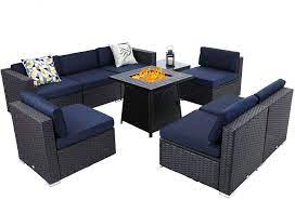 Outdoor sectional furniture with fire pit. Buy Sophia William Patio Furniture Sectional Sofa Set With Gas Fire Pit Table 9 Piece Wicker Rattan Outdoor Conversation Sets W Coffee Table Csa Approved Propane Fire Pit Navy Blue Square Table Online