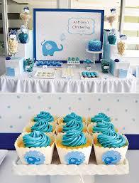 Cute Blue Elephant Dessert Table Boys Christening Hostess With The Mostess Baby Shower Cake Table Christening Dessert Table Elephant Baby Shower Theme