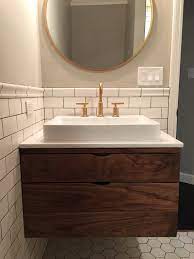 D vanity in reclaimed oak with engineered stone vanity top in crystal white with white sink. Walnut Bathroom Vanity Floating Bathroom Vanity Bathroom Etsy
