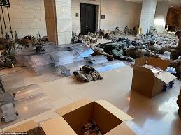 The national guard said it originally moved troops out of the capitol rotunda and other spaces to garages at the behest of the capitol police. Inauguration Day 2021 National Guard Troops Sleep On Congress Floor Daily Mail Online