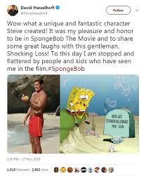In the spongebob squarepants movie, he plays a parody of his own character in baywatch, as he appears in his classic red swimming trunks. David Hasselhoff Leads Celebrity Tribute To Late Spongebob Squarepants Creator Stephen Hillenburg Express Digest