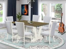 Amazing design by jonathan adler. East West Furniture 7 Piece Dining Table Set Includes 6 Modern Chairs With Upholstered Seat And Stylish Back Rectangular Wooden Dining Table Distressed Jacobean And Wirebrushed Linen White Finish East West Furniture