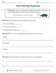With this worksheet, your fifth graders will add feeling to their writing by using hyperbole. Hyperbole Printable Worksheets Education Com
