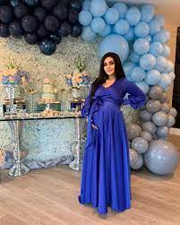 Chic Bump Customer Kama Love Looks Amazing At Her Baby Shower Wearing The Ro Maternity Dresses For Baby Shower Blue Baby Shower Dress Baby Shower Dresses