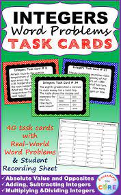 Integers Word Problems 40 Task Cards With Skills Practice And Real World Word Problems Topics Integers Word Problems Word Problems Word Problems Task Cards