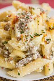 Three Cheese Italian Sausage Alfredo Bake Great Make Ahead Pasta Dish E Ground Italian Sausage Recipes Italian Sausage Recipes Sweet Italian Sausage Recipes