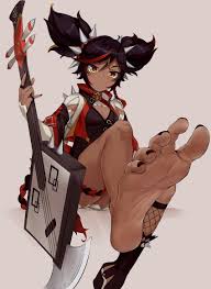 dark-skinned female, spikes, small breasts, red eyes, barefoot - Anime R34