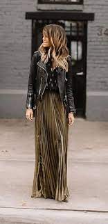 Biker Jacket Metallic Pleated Skirt Street Style Metallic Pleated Skirt Fashion Street Style