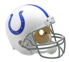 The colts logo design is a dark blue horseshoe which has remained almost unaltered throughout the years, features a distinctive blue horseshoe. Baltimore Colts Throwback 1959 77 Riddell Full Size Replica Helmet