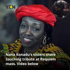 Nana Konadu Agyeman-Rawlings' sisters made a rare public appearance as they  shared a heartwarming tribute at her Requiem mass. The video is below.  Image credit: NanaKonaduAgyemanRawlings/Facebook, channel1tvgh/YouTube