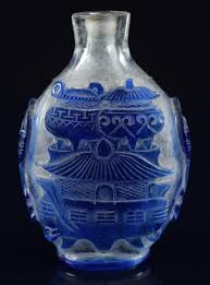 At Auction: Peking glass snuff bottle. China. 19th century. Cameo cut blue  to clear. Decoration of the 