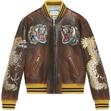 Black And Gold Jacket Mens Gucci Leather Bomber Jacket With Intarsia 7 500 Liked On Polyvore Featuring Men S Fashion M Mens Leather Bomber Jacket Real Leather Jacket Leather Bomber
