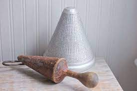 Please click on images for close view. Antique Tomato Strainer Vintage Canning Sieve With Pestle Country Kitchen Decor Rustic Farmhouse Metal Jelly Colander Wood Pestle Country Kitchen Decor Tomato Strainer Rustic Farmhouse