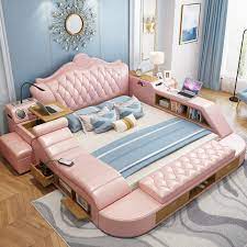 Gloss pink bedroom set are stylish and elegant and their unbelievable deals will make your jaw drop. Luxury Girls Princess King Size Genuine Leather Massage Pink Bed With Bluetooth Speakers Storage Safe Bedroom Sets Aliexpress