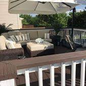 Keep in mind that a darker hue can also hide footprints shades of green range from soft sage to deep forest green. Behr Padre Brown Deck Paint With Ultra White Railings Small Deck Decorating Ideas Deck Decorating Ideas On A Budget Small Deck