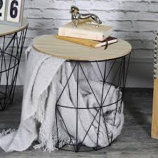 Black Metal Basket Side Table Wire Basket Decor Wooden Tops Wire Basket Storage