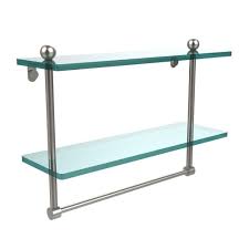 Allied Brass 16 In L X 12 In H X 5 In W 2 Tier Clear Glass Bathroom Shelf With Towel Bar In Satin Nickel Pr 2 16tb Sn The Home Depot