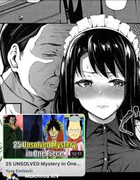 Mono: Muichirou XIV, 25 unsolved mystery in one piece, yusa  emiliaxiii, 1girl, 1boy, old man, black hair, long hair, man behind,  blush, dark shirt, sweat, maid headband, closed mouth nudes by cnydox