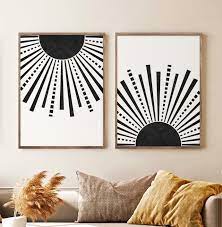 Black White Sun Print Set Of 2 Wall Decor Boho Sun Mid Etsy Boho Wall Art Black And White Art Drawing Boho Wall Decor