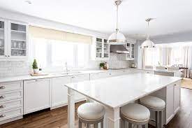 Transitional kitchen with gray island and wood bar stools. White Kitchen Island With Gray Barstools Transitional Kitchen